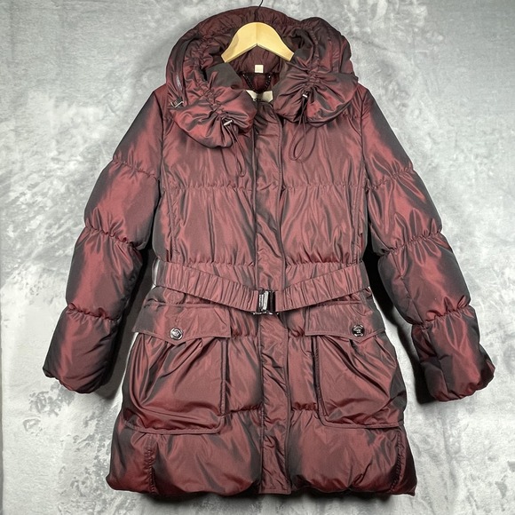 Burberry Puffer Jacket Womens XL Maroon Belted Hooded Down Fill Winter Coat - Picture 1 of 15